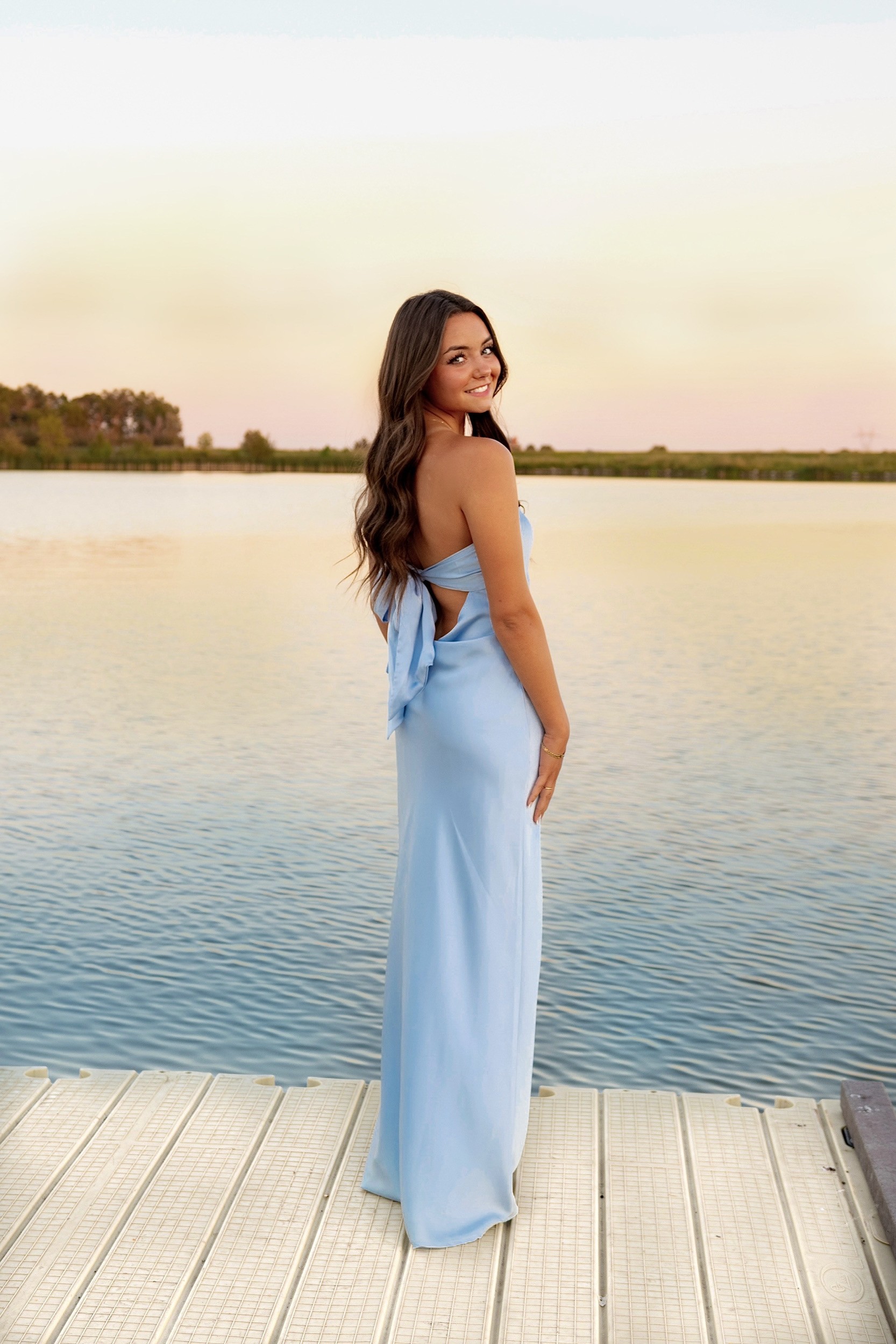 Girl in long light blue dress